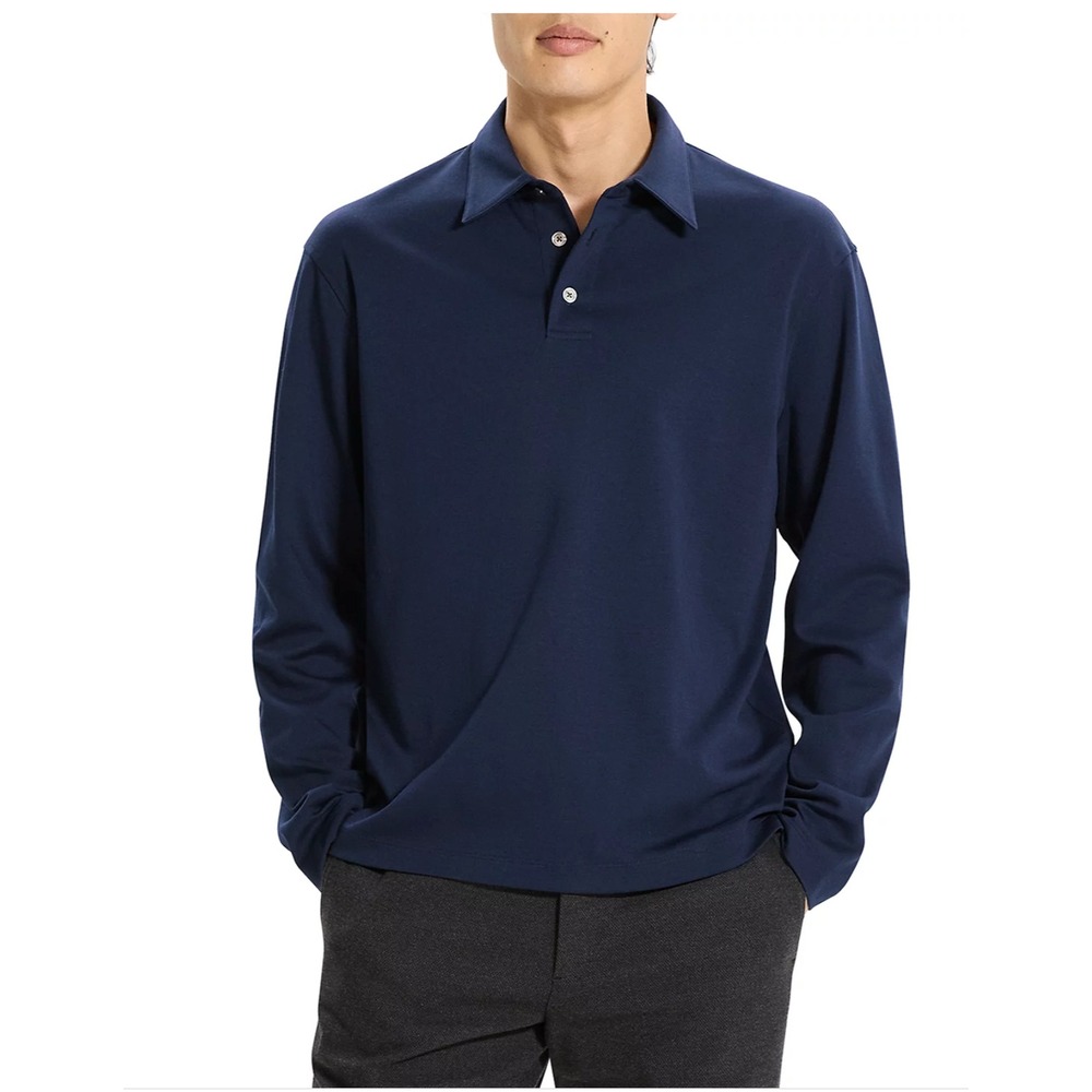Theory Mens Clinton Knit 2 Supima Cotton Long Sleeve Polo Shirt Navy Blue Size M